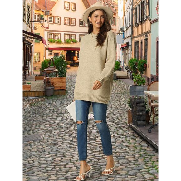 Crewneck Long Sleeve Oversized Loose Chunky Warm Pullover Sweater Top Khaki - Picture 3 of 6